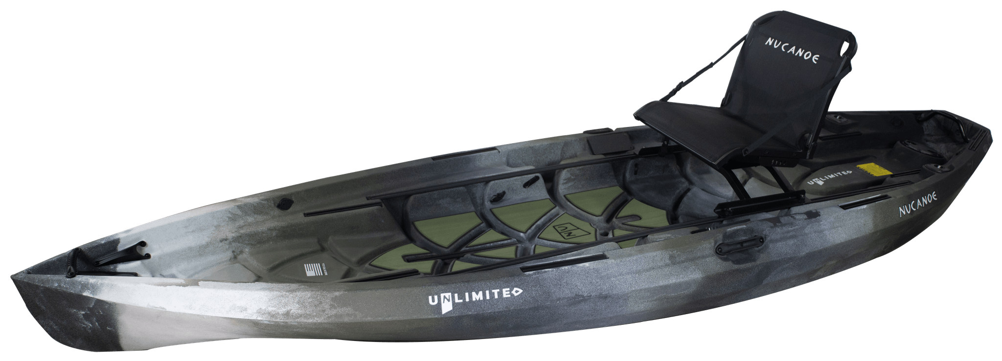 A gray and green sit-on-top fishing kayak with a raised black seat, footrests, and the word UNLIMITED printed on its side. The kayak is by NuCanoe and has storage space and accessory mounts.